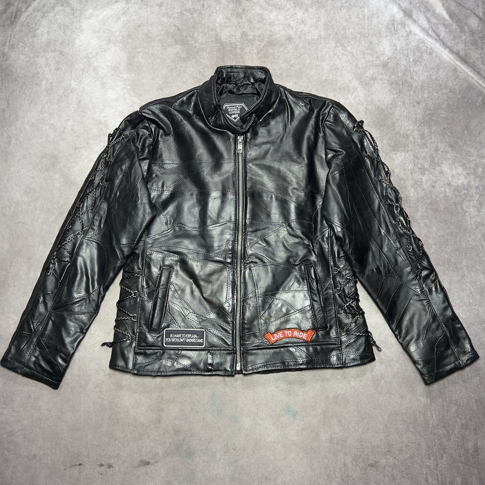 Diamond Plate Jacket Mens Large Black Buffalo Leather Eagle Live To Ride Biker